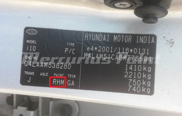 Hyundai I10 2010 kleurcode sticker autolak kleur achterhalen Mercurius Paint